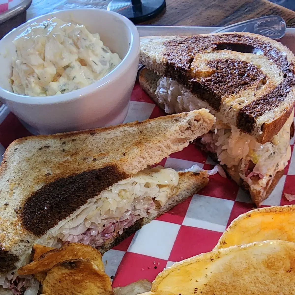 Reuben and Chips with Potato Salad