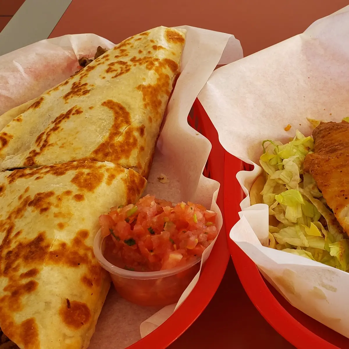 Fish Super Taco and Steak Quesadilla