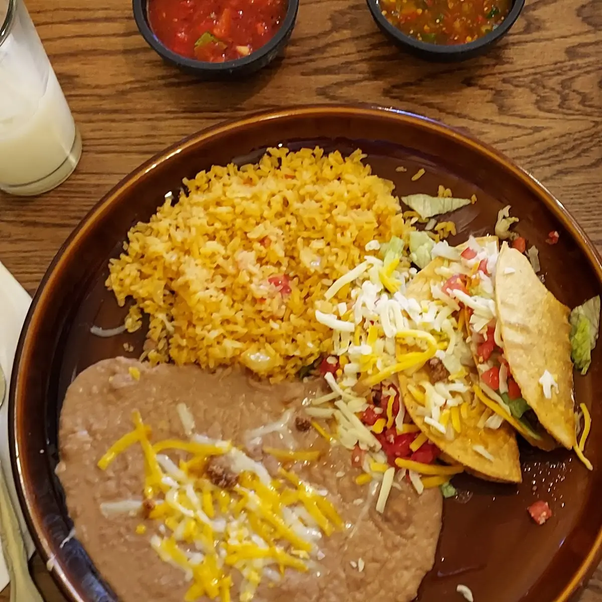 Two Ground Beef Tacos with Rice and Beans