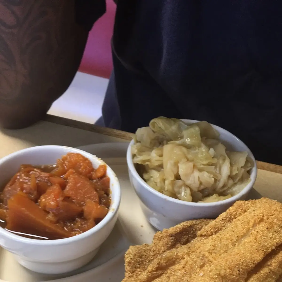 Fried Catfish Sweet Potatoes and Cabbage