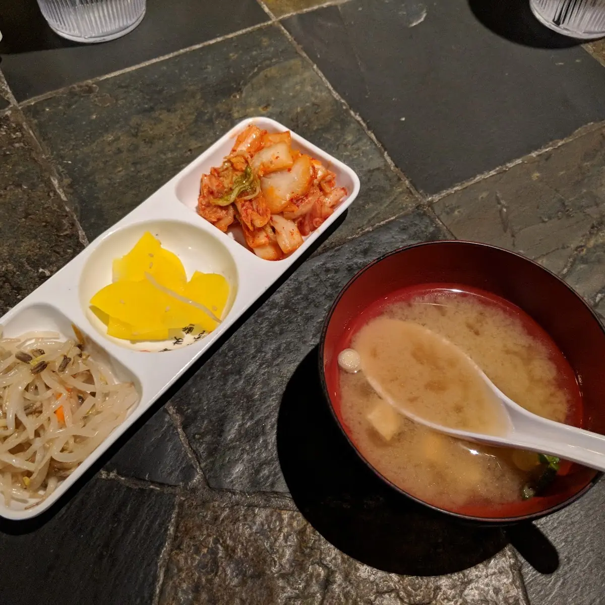 Miso Soup Kimchi Pickled Raddish and Bean Sprouts