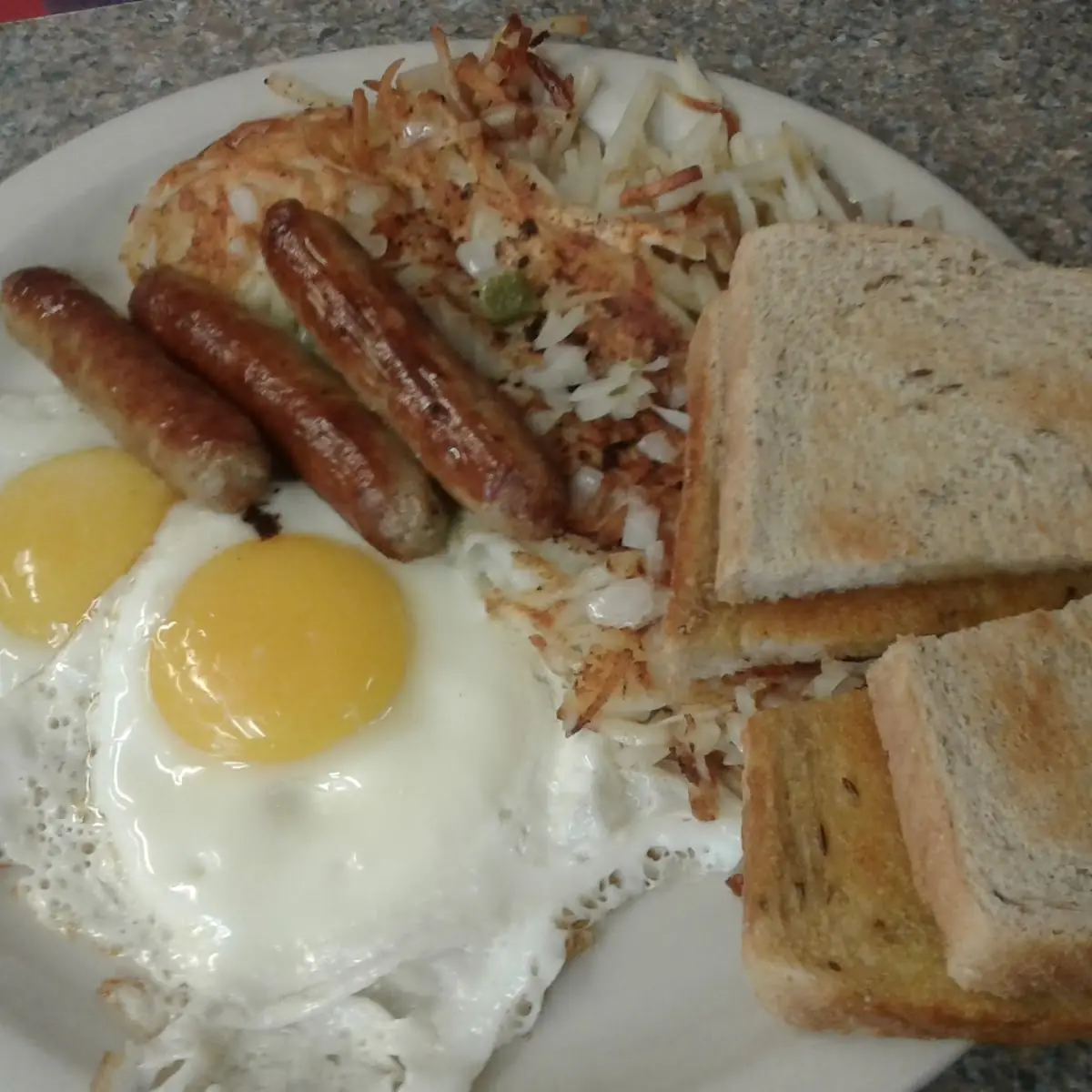 2 Eggs Sausage Hash Browns and Toast