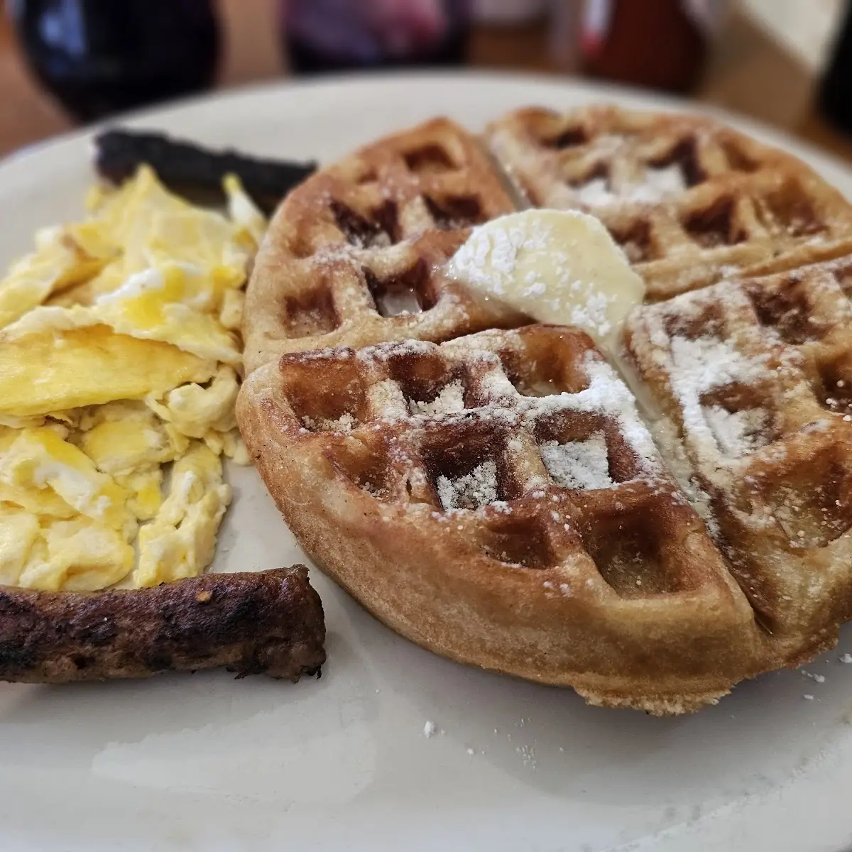 Belgian Waffle with Two Eggs and Two Sausage