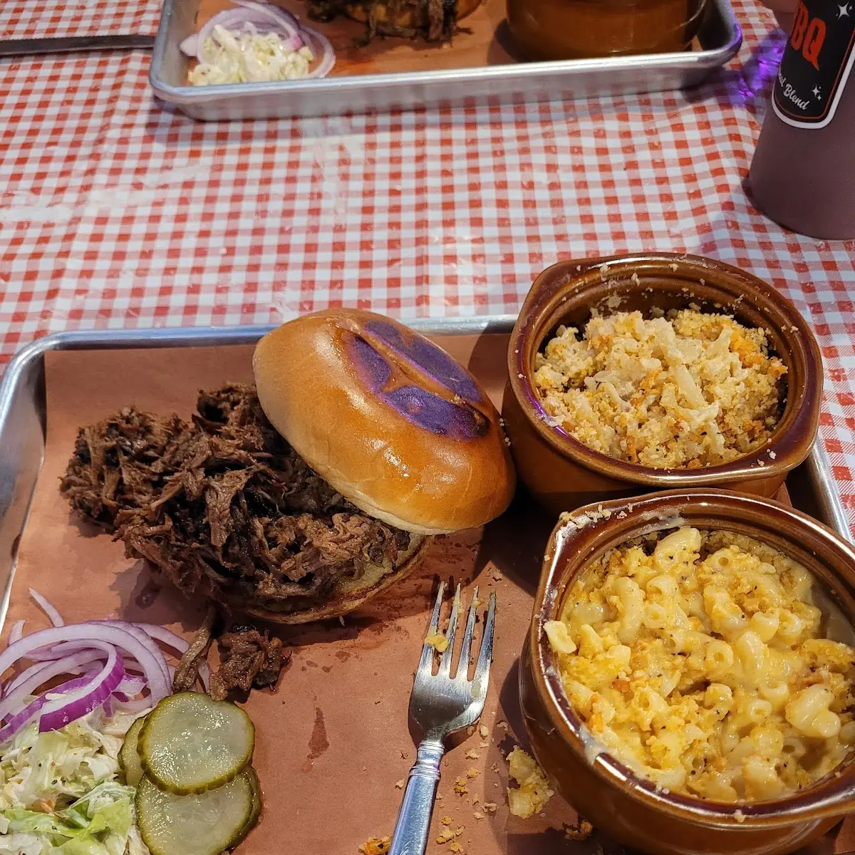 Beef Brisket with Cheesy Potatoes and Mac and Cheese