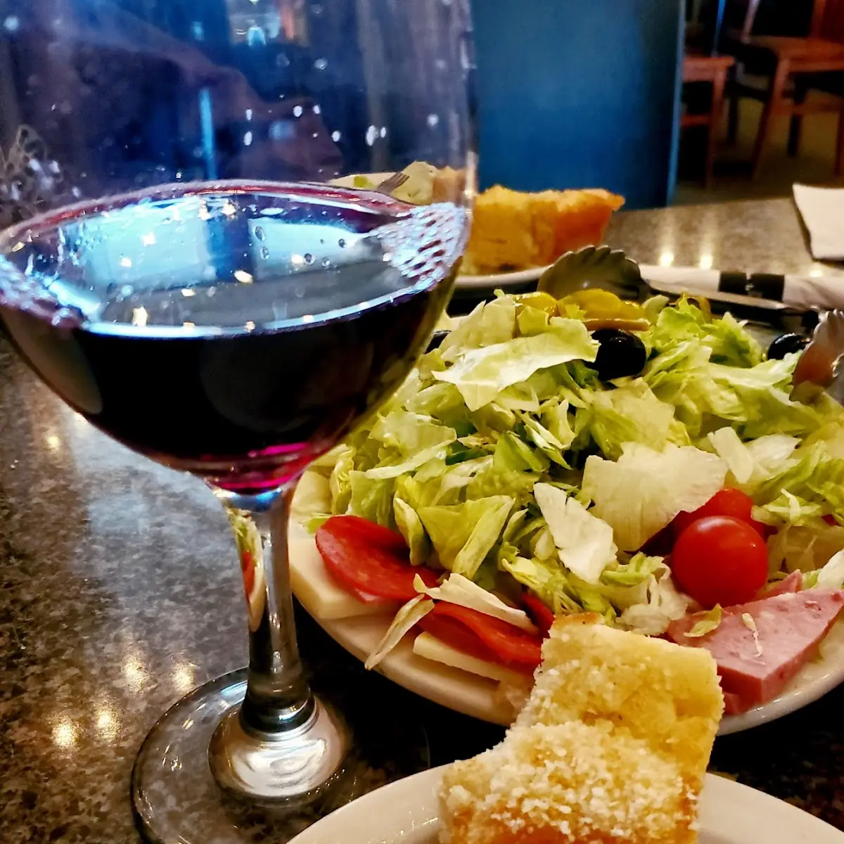 Antipasto Salad Garlic Bread and Wine
