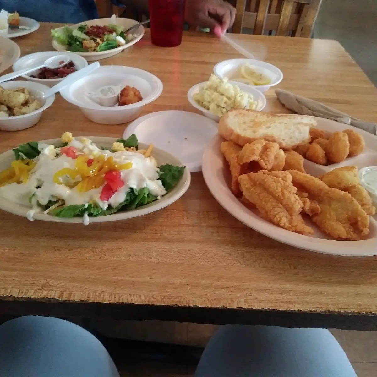 Fried Catfish and Shrimp Platter Potato Salad Green Salad French Bread
