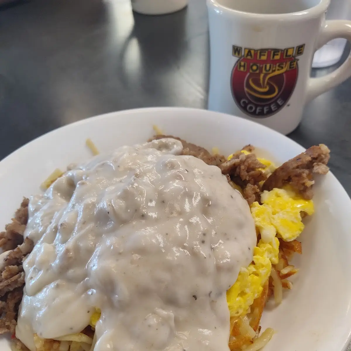 Two Biscuits & Gravy Two Eggs on the Side & Beverage