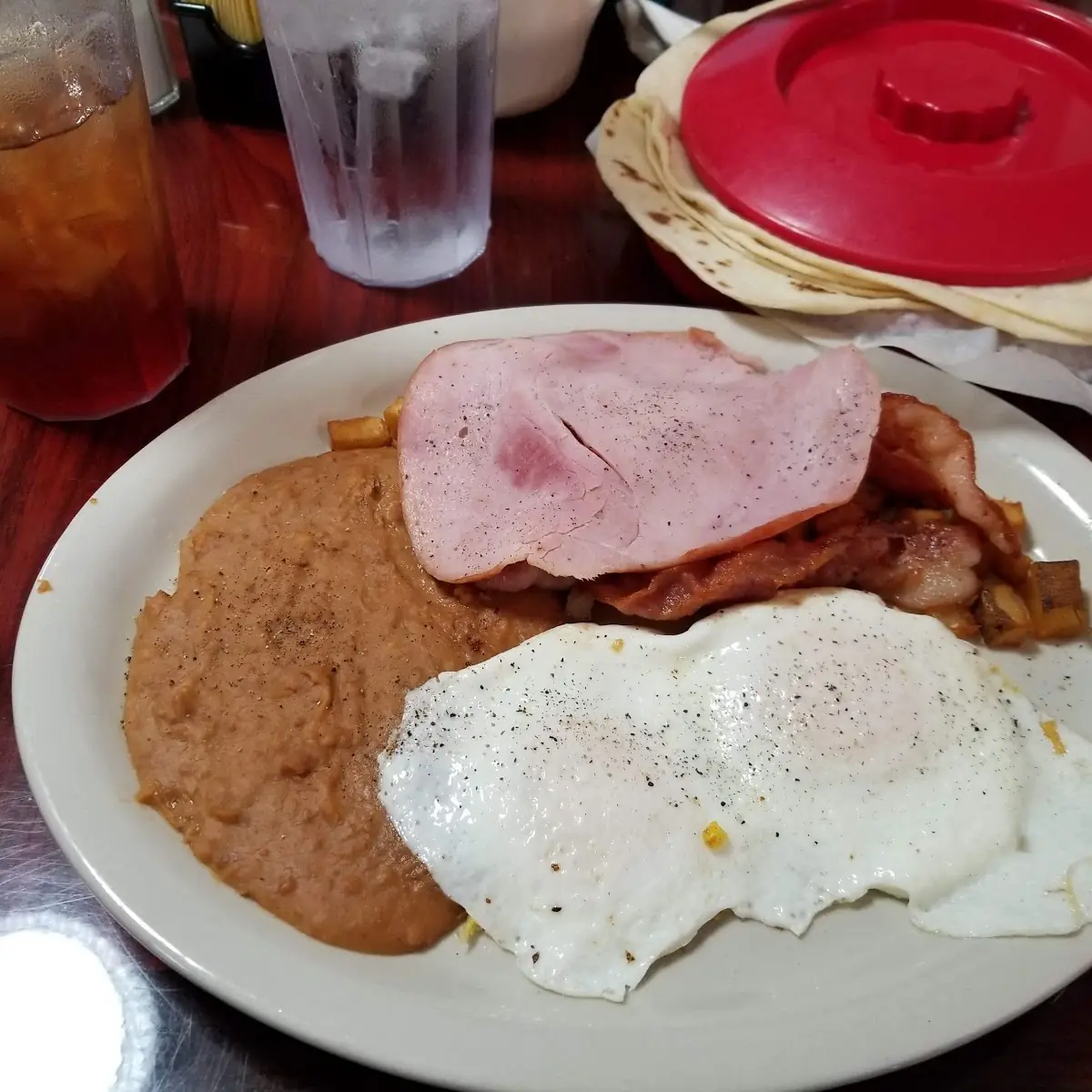Eggs Bacon Ham and Beans with Potatoes