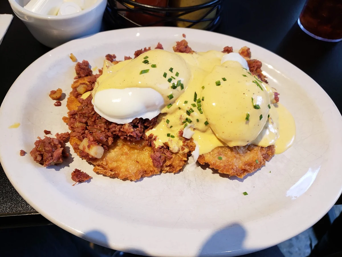 Corned Beef Hash and Eggs Benedict on Latkes
