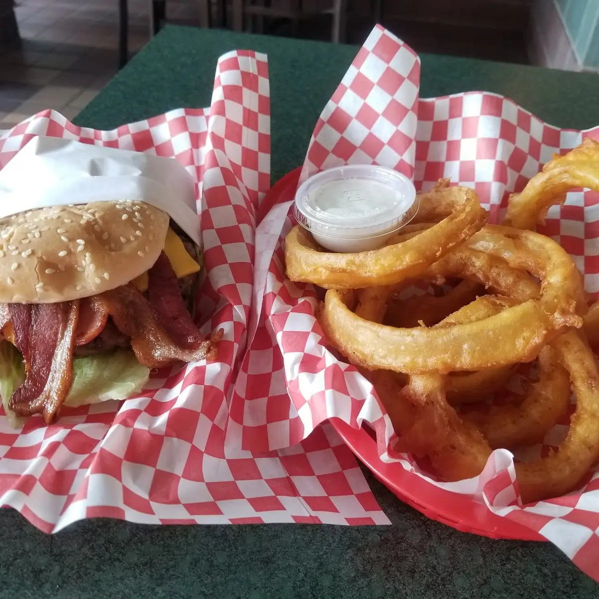 Bacon Cheeseburger and Onion Rings