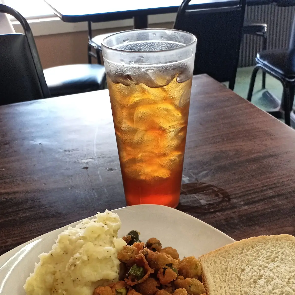 Smoked Meatloaf Mashed Potatoes Fried Okra Bread Sweet Ice Tea