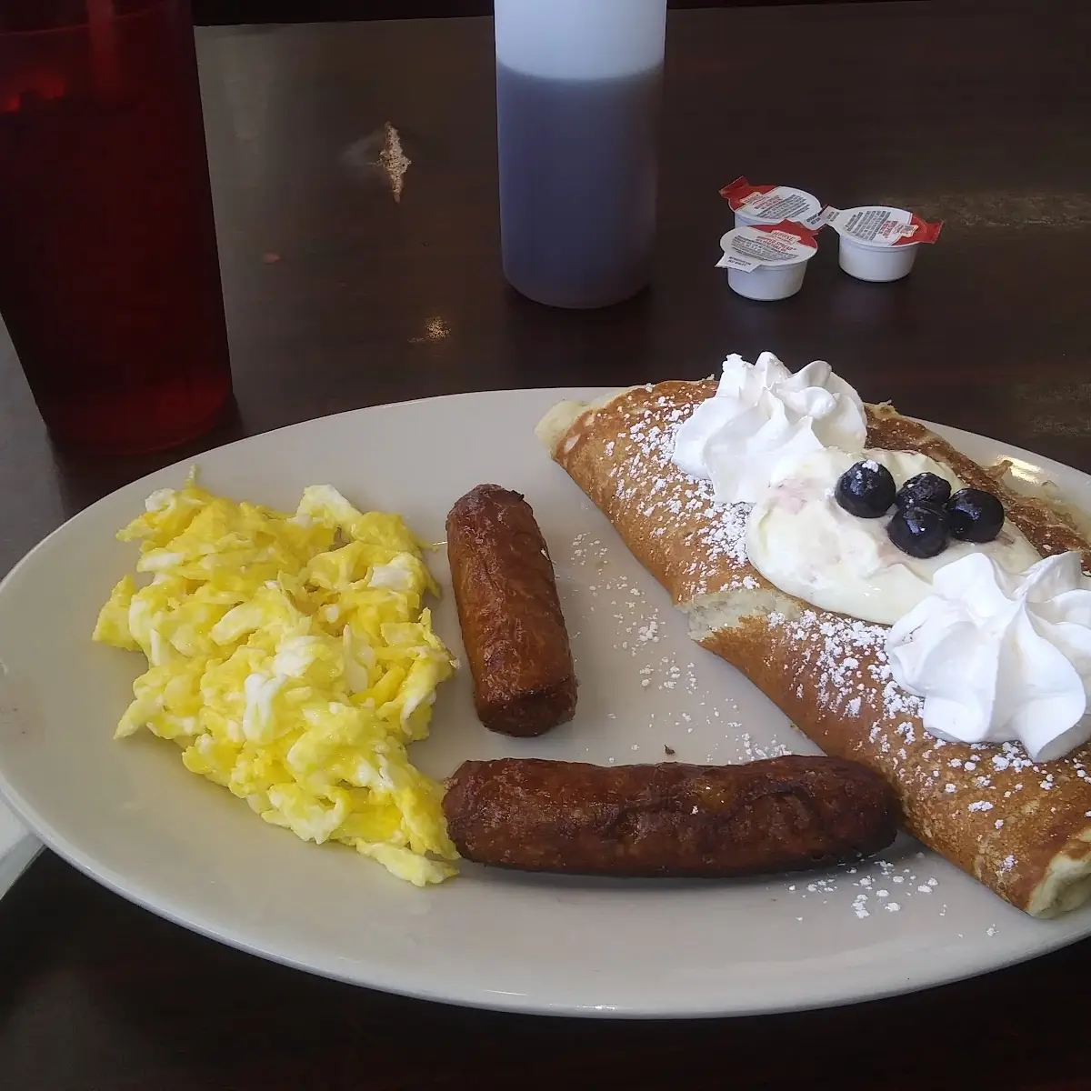 Blueberry Cream Cheese Stuffed Pancake with Scrambled Eggs & Sausage Links
