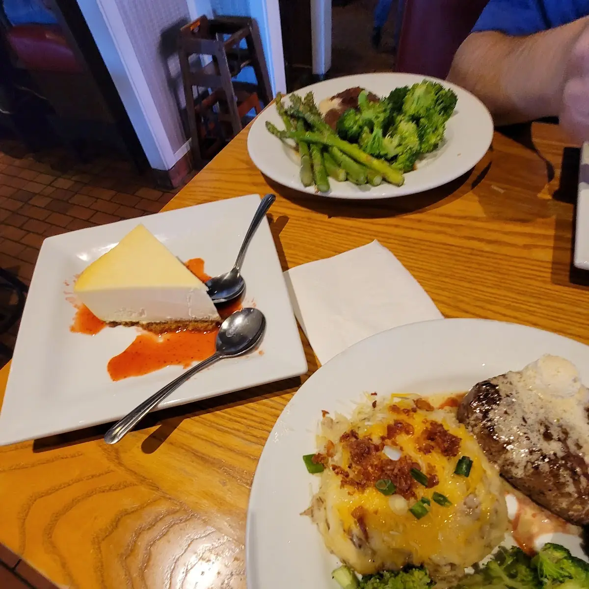 Steak Mashed Potatoes Broccoli and Cheese Cake