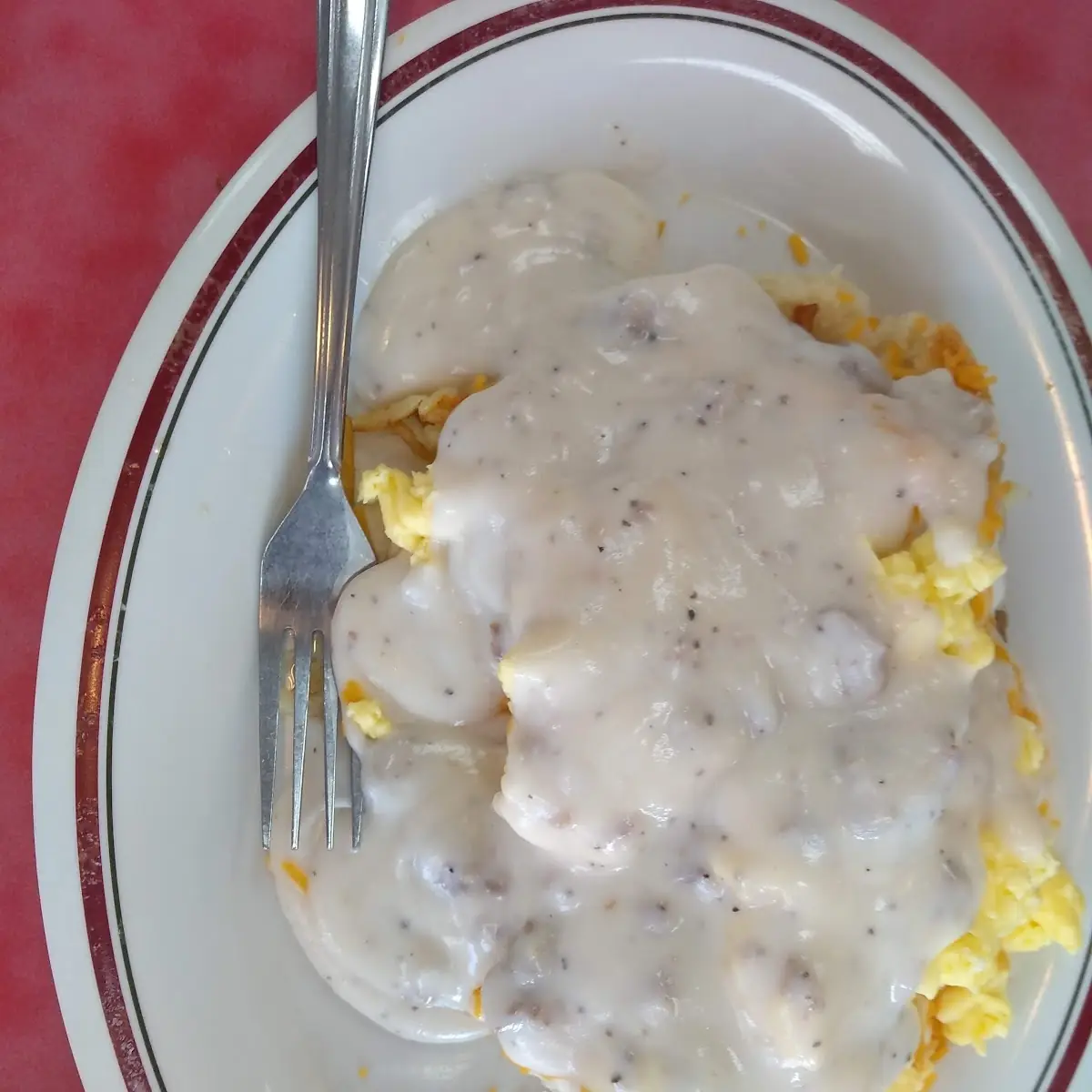 Biscuits Scrambled Eggs Hash Browns Turkey Sausage and Gravy
