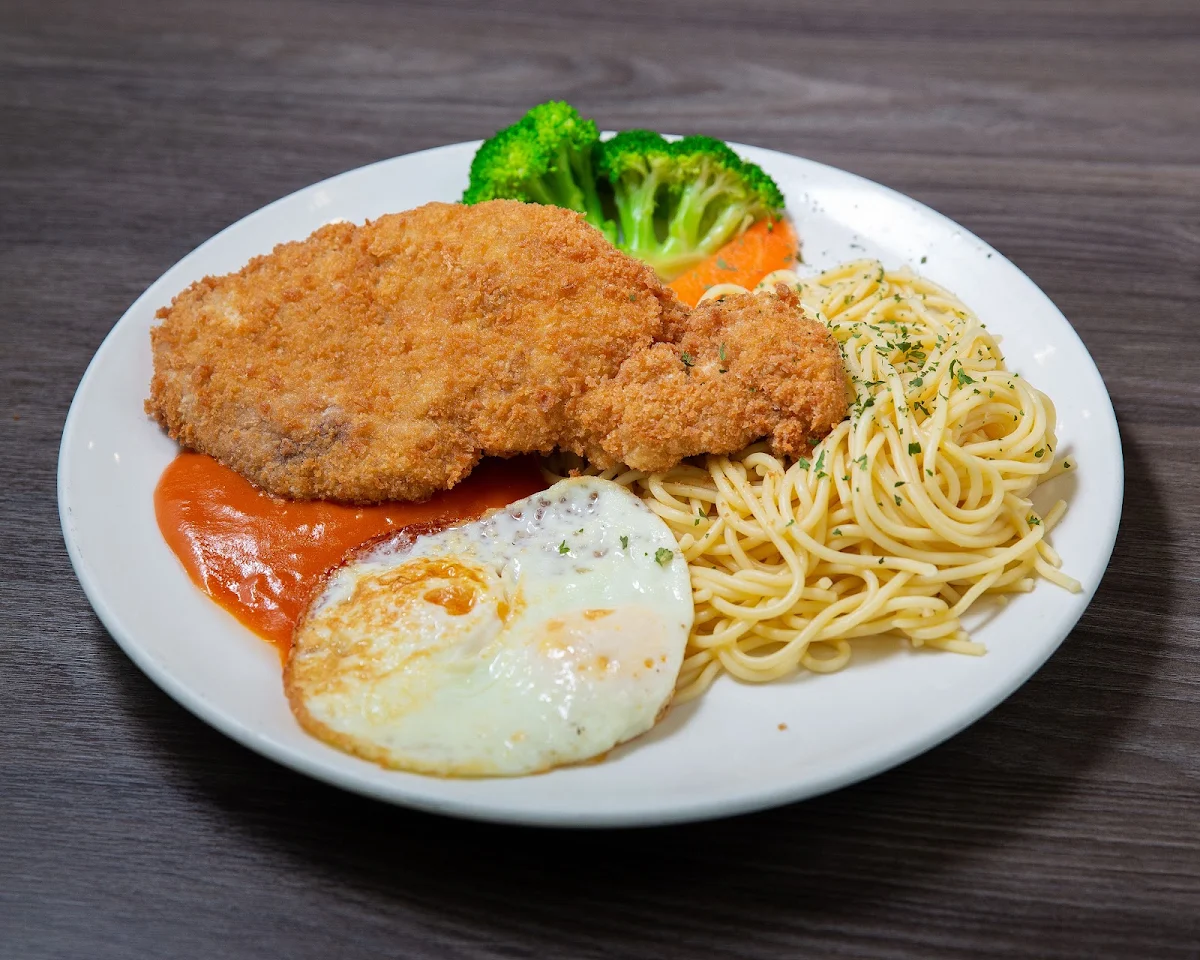 Cutlet Pork Chop with 2 Eggs in Tomato Sauce on Rice or Spaghetti, 大明茶餐廳 Ming's Restaurant