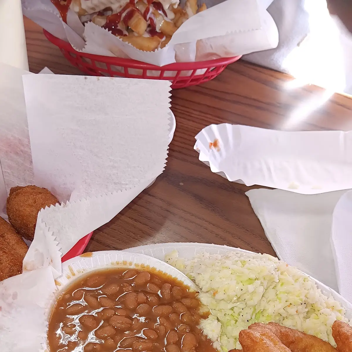 Chopped BBQ Plate Baked Beans White Slaw Onion Rings