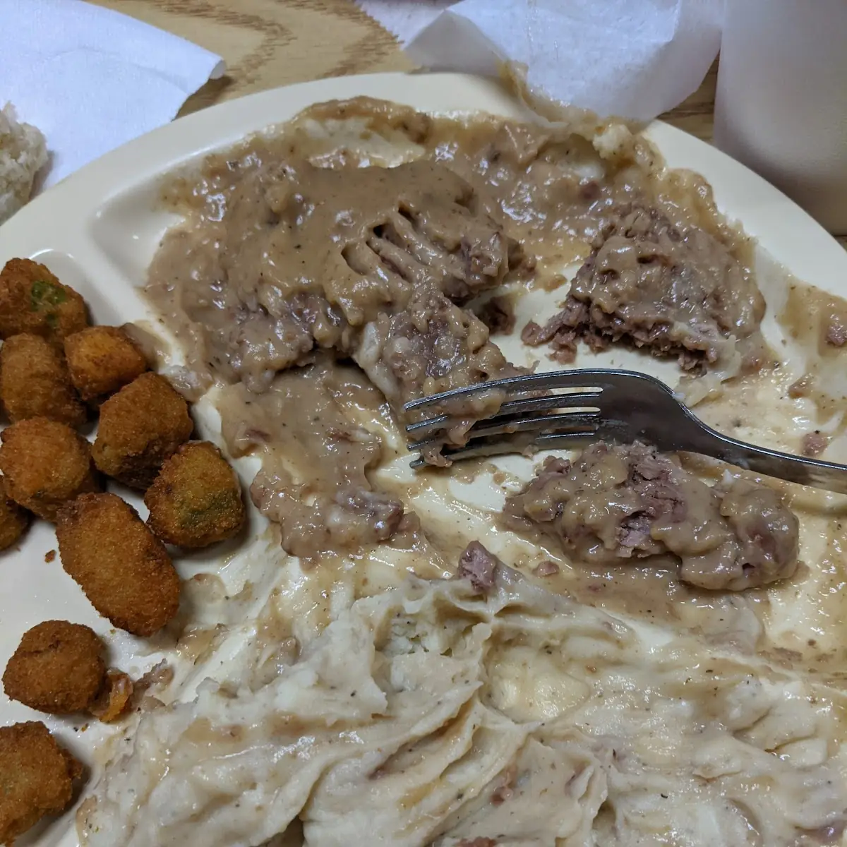 Country Style Steak with Mashed Potatoes and Gravy and Fried Okra