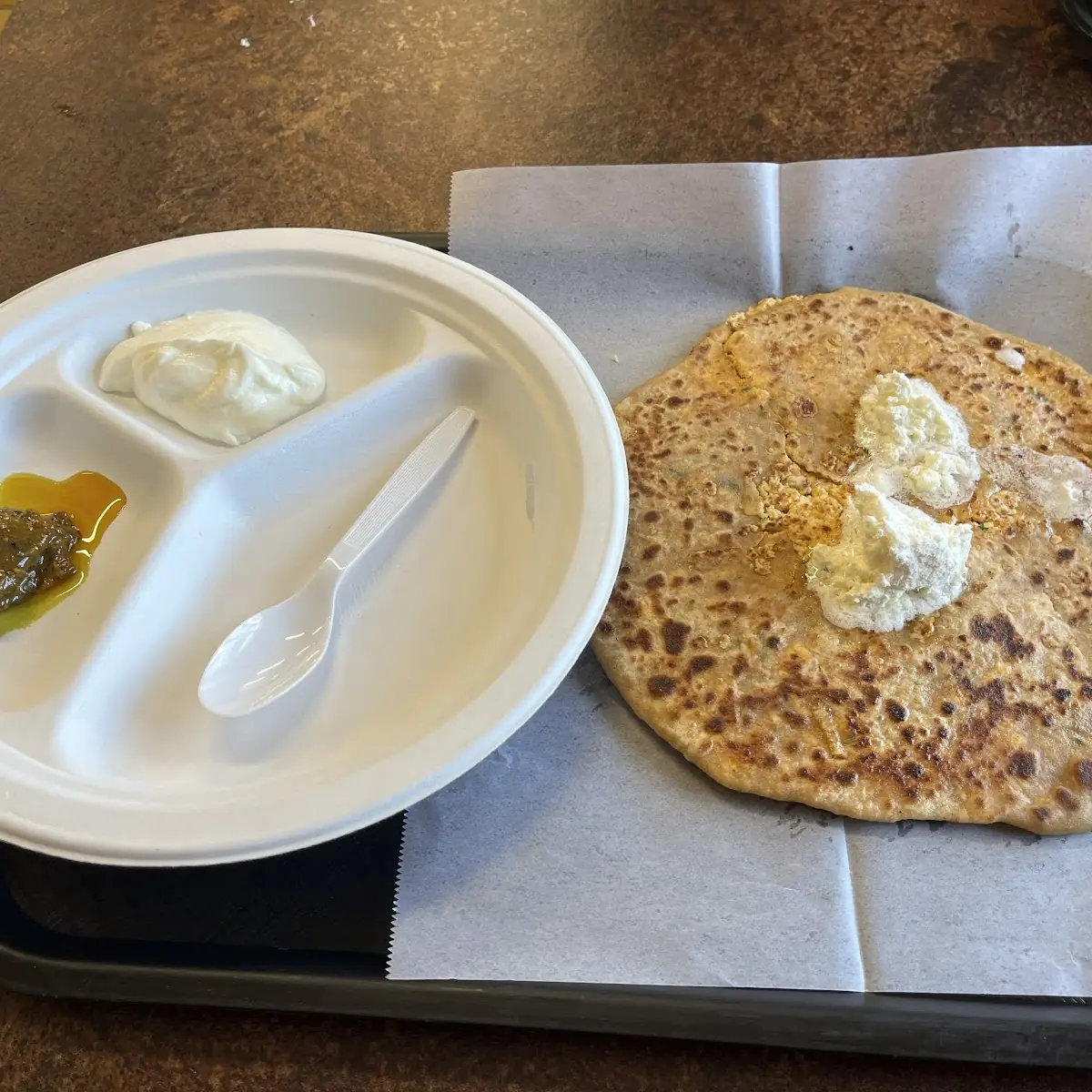 Aloo Paratha with Yogurt and Chutney