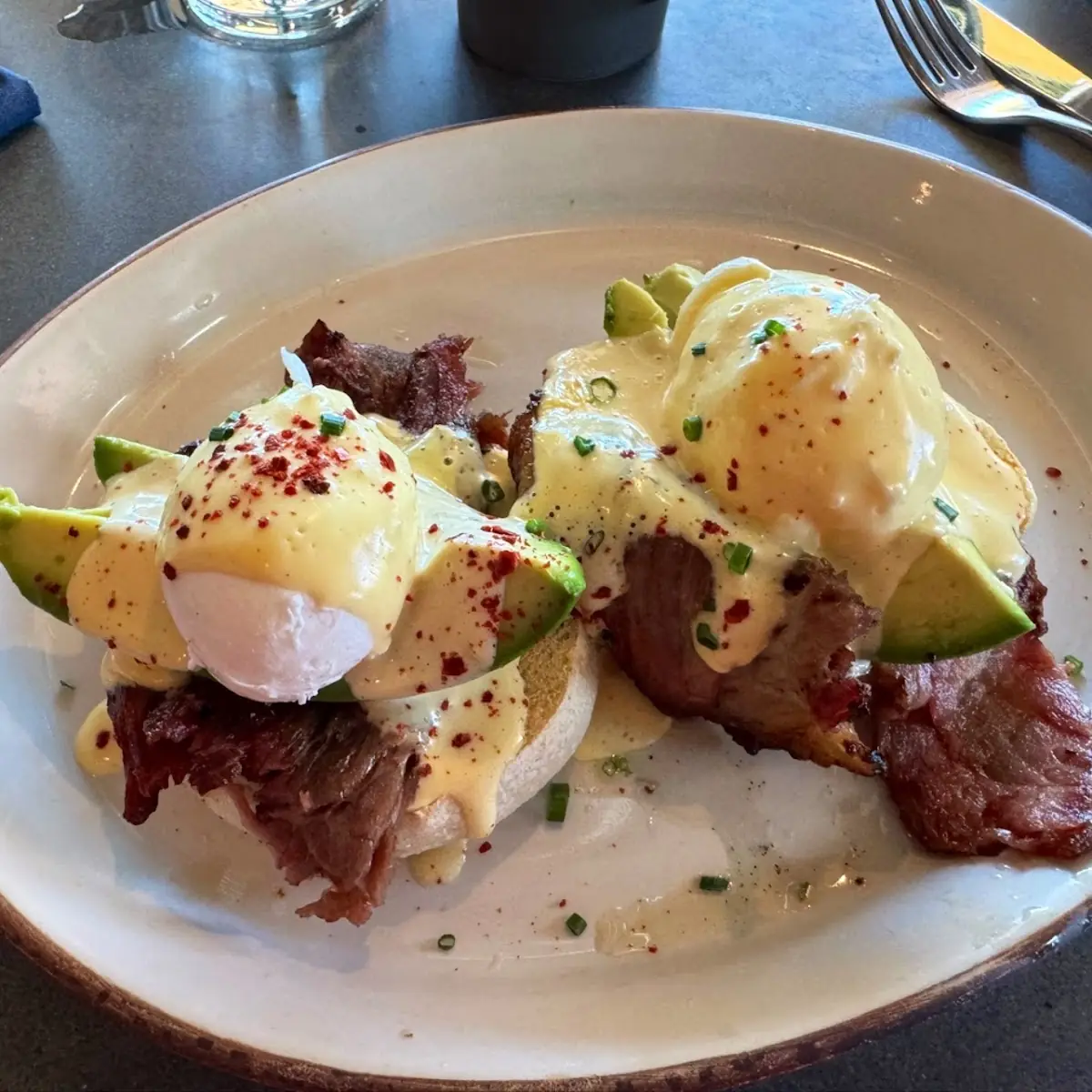 Smoked Brisket Eggs Benedict with Avocado