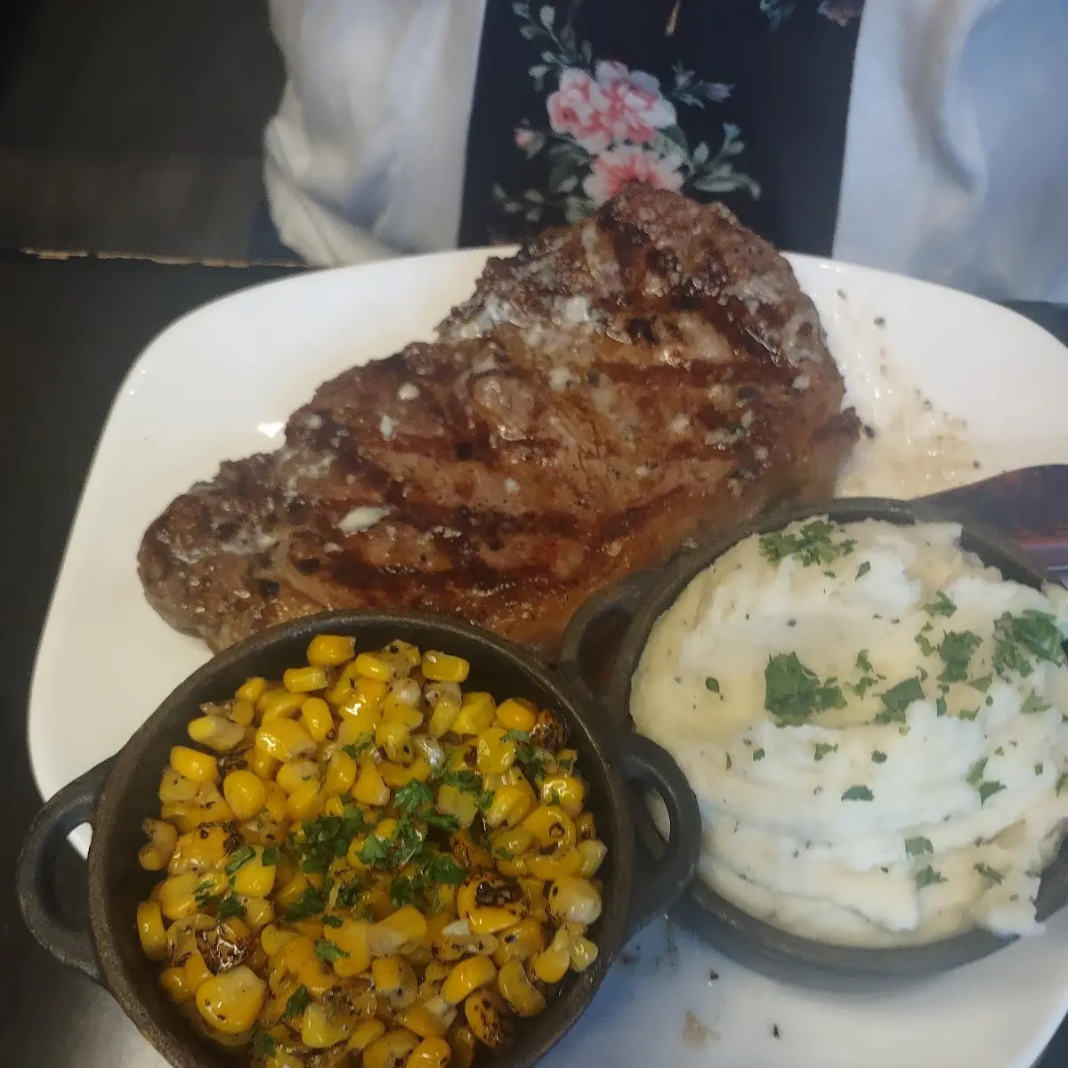 Steak with Rosemary Buttered Roasted Corn and Mashed Potatoes