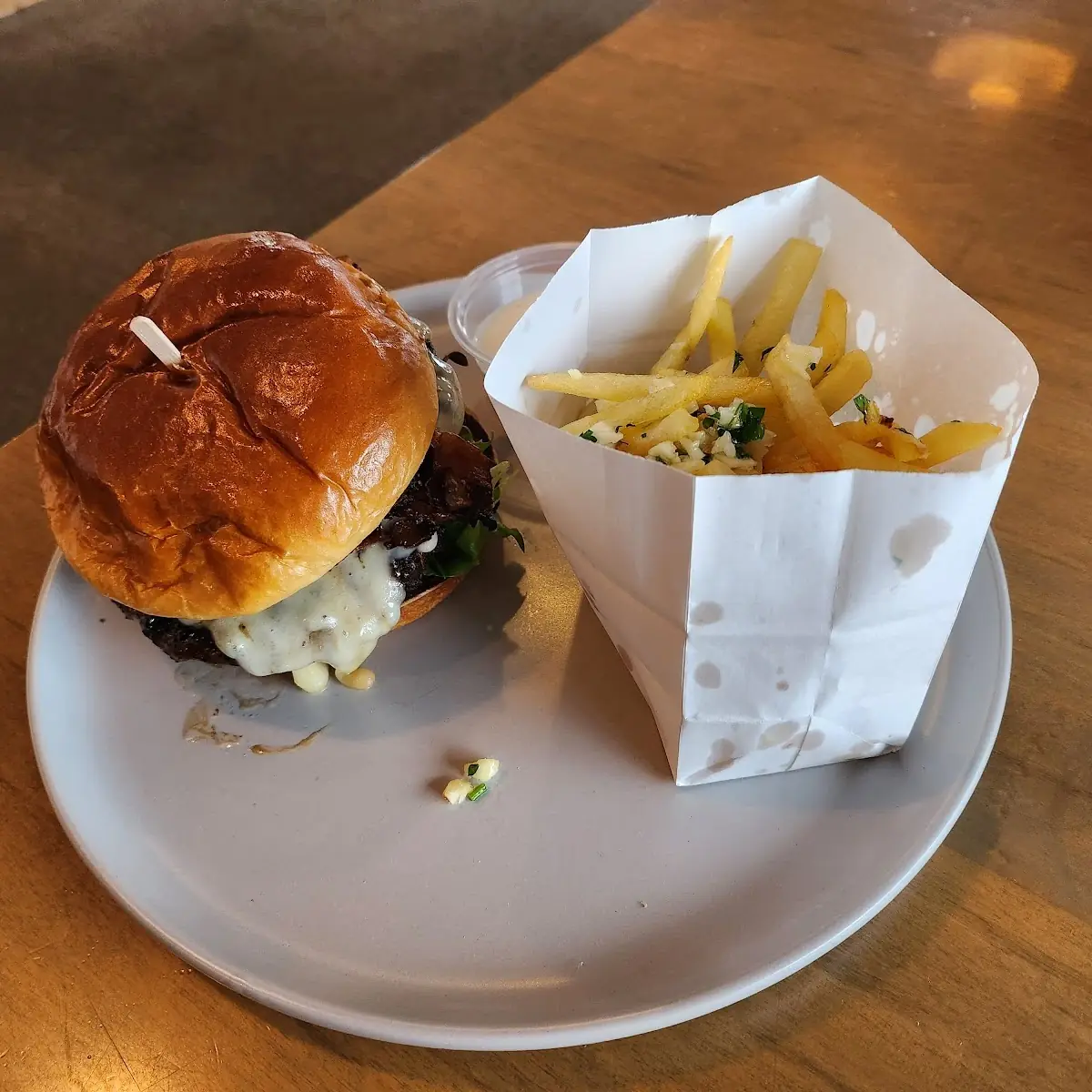 Mushroom Burger and Garlic Fries
