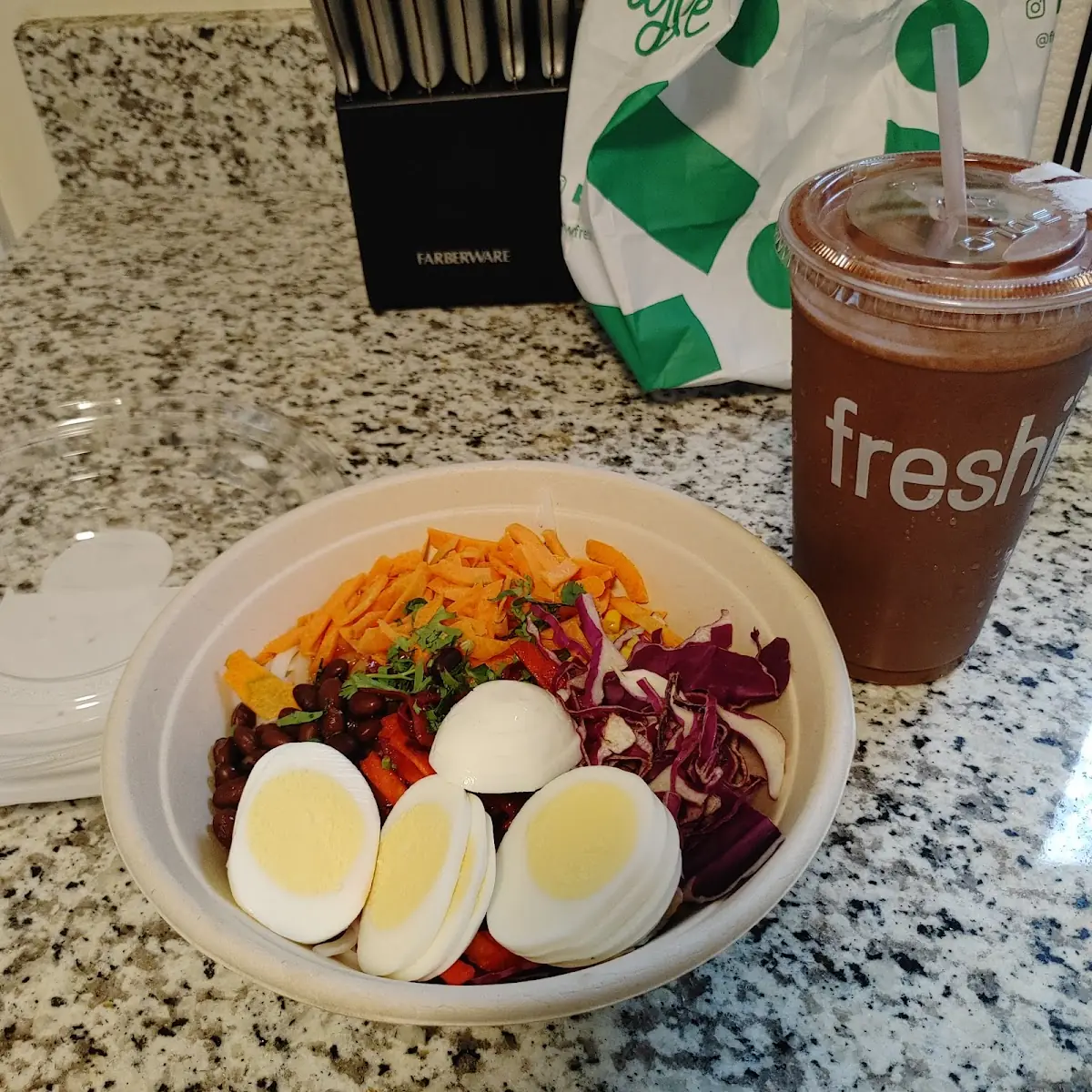 Chocolate Shake and Hard Boiled Egg Protein Veggie Bowl