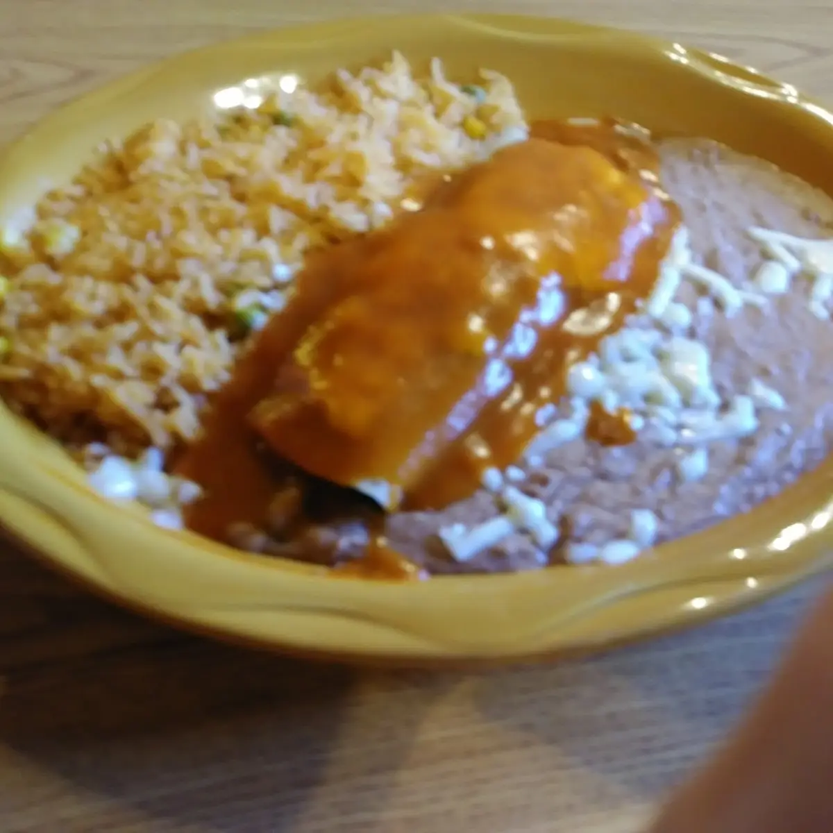 One Bean Burrito One Cheese Enchilada and Mexican Rice