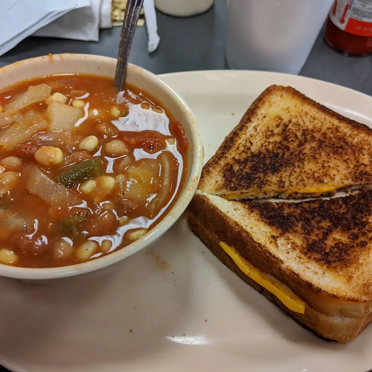 Vegetable Beef Soup with Grilled Cheese Sandwich