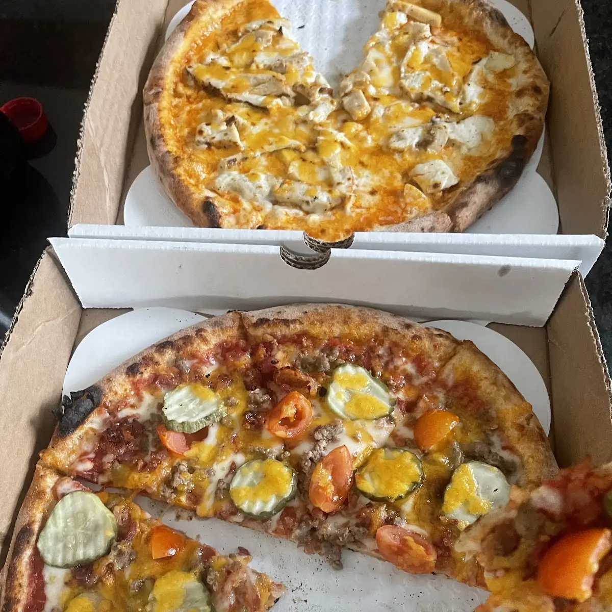Bacon Cheeseburger Pizza & Buffalo Chicken Pizza