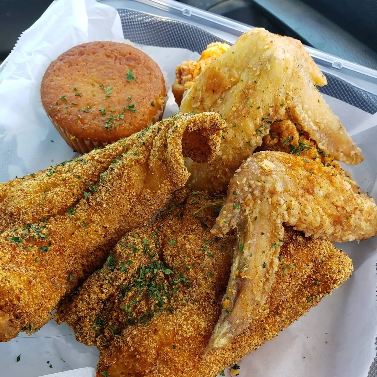 Fried Chicken Wings and Catfish Fillet