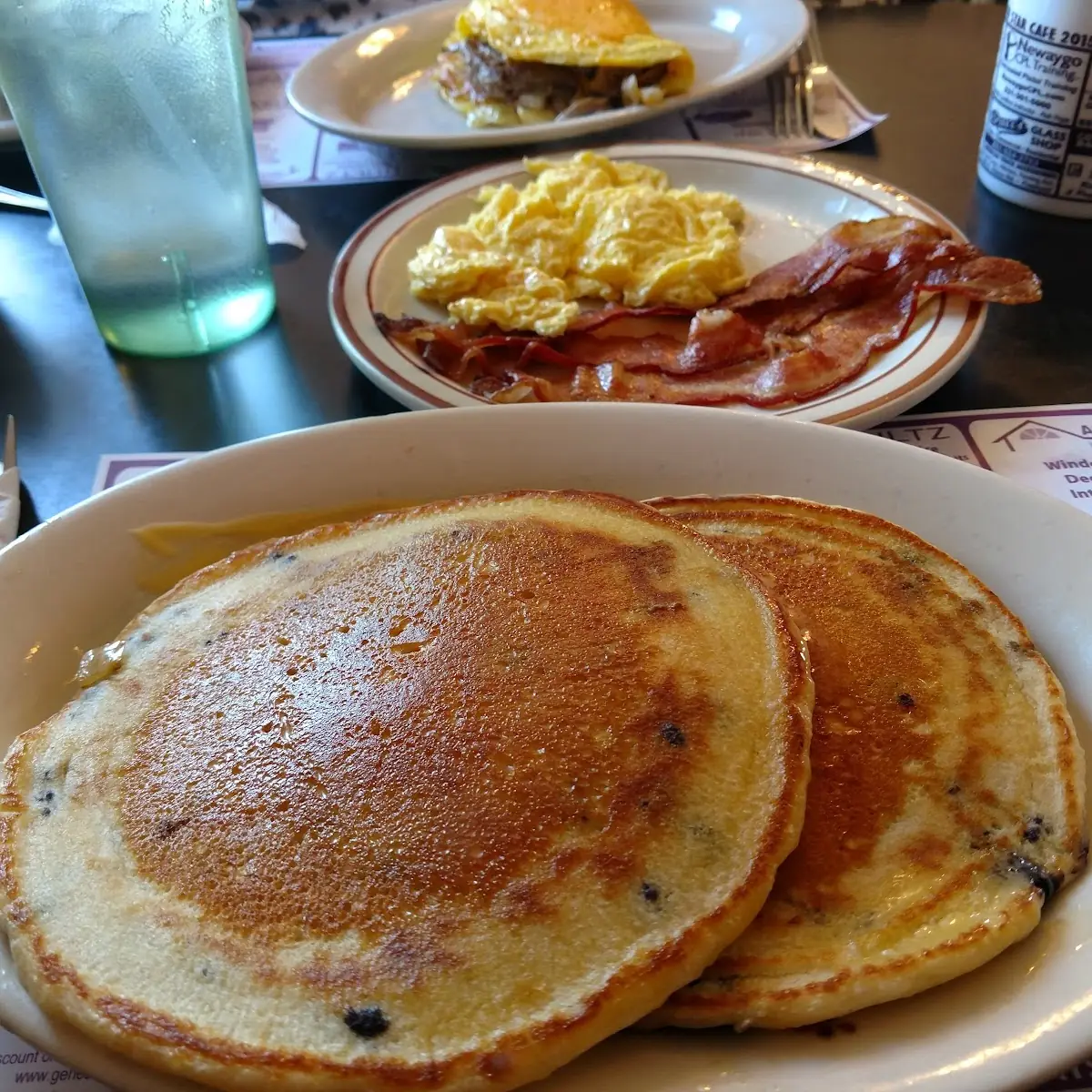 Blue Berry Pancakes Scrambled Eggs and Bacon