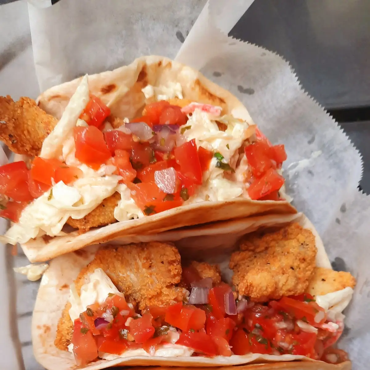 Fried Fish Tacos with Sriracha Slaw