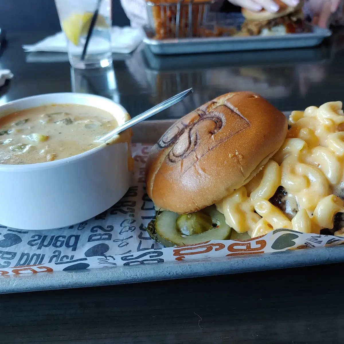 Mushroom Swiss Burger with Mac and Cheese