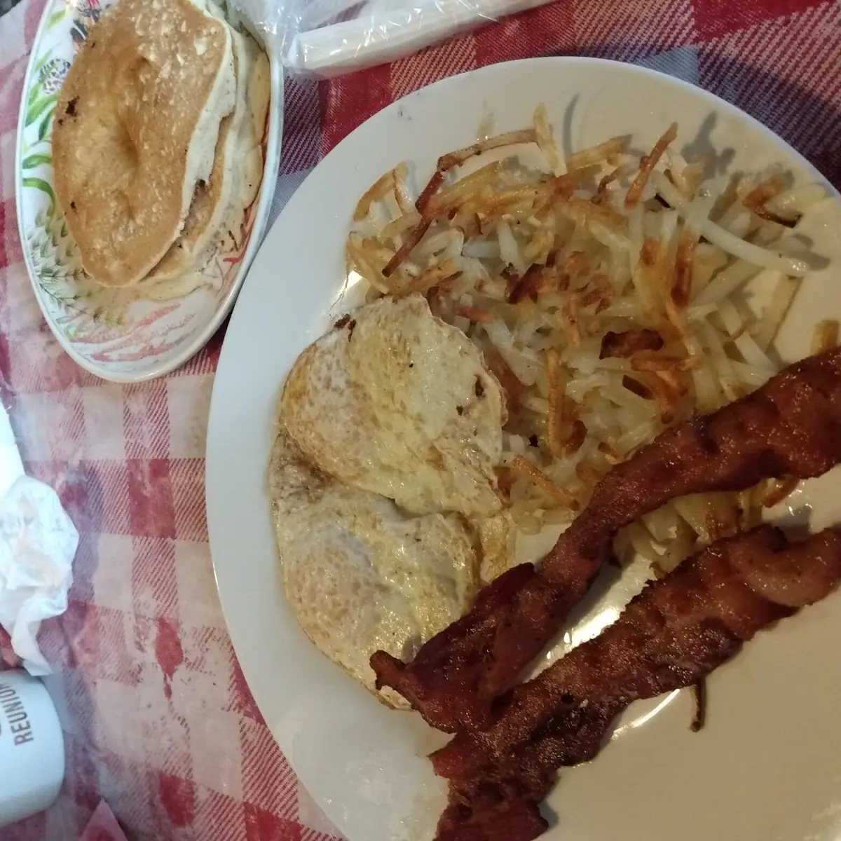 1 Eggs Bacon Hash Browns Pancakes