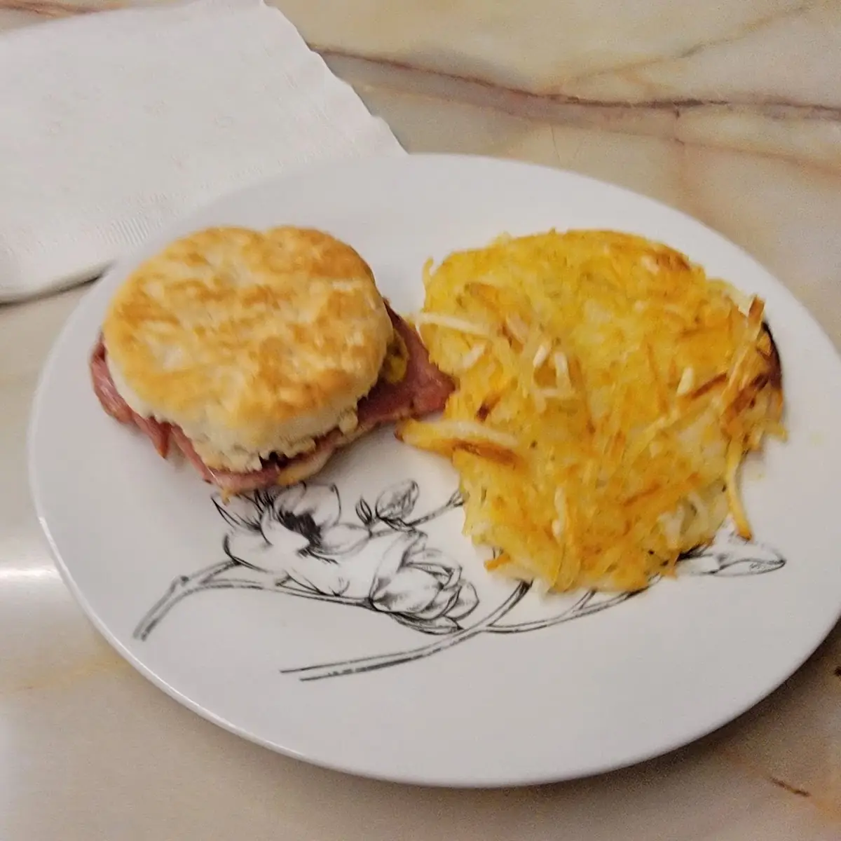 Country Ham Biscuit and Hash Browns
