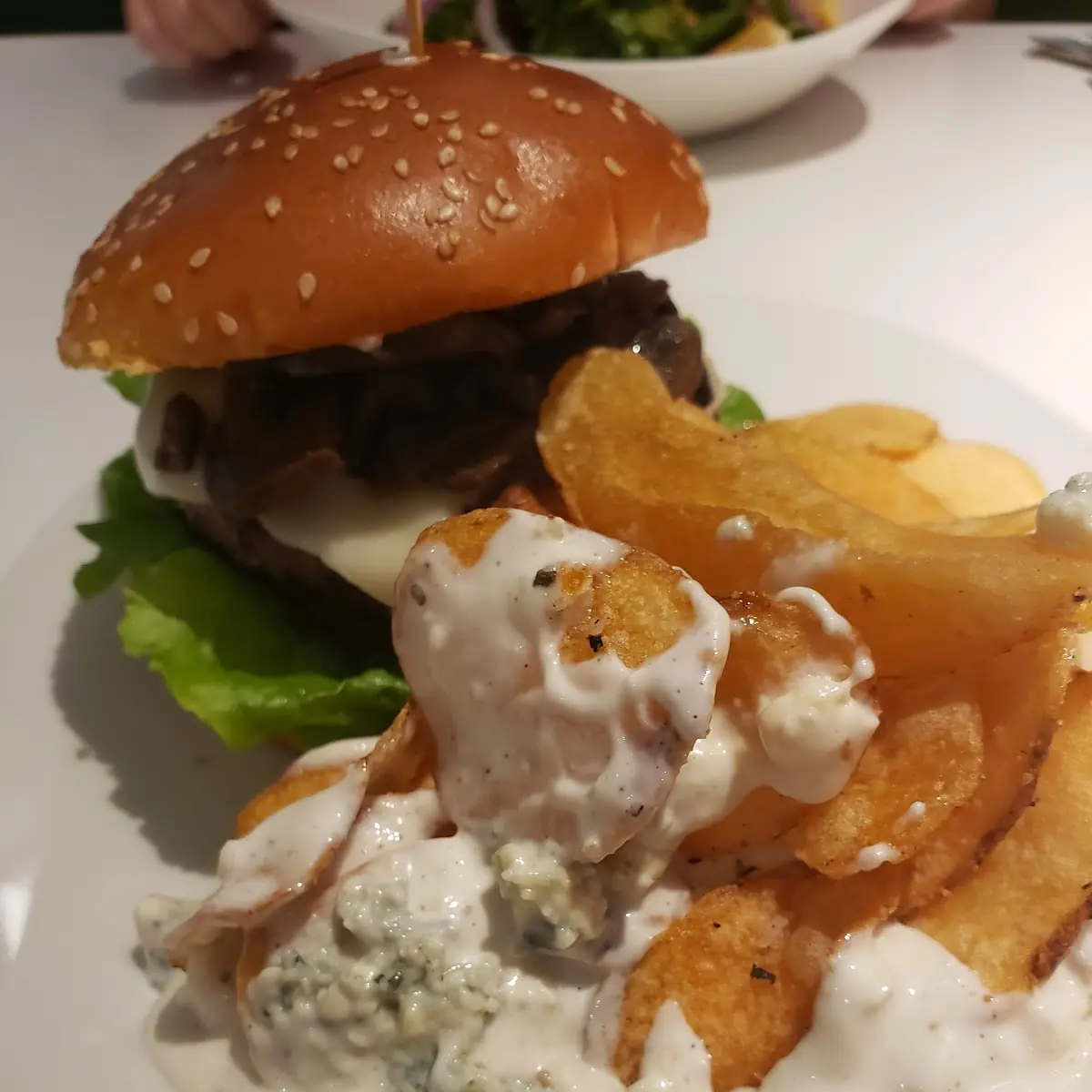 Mushroom Swiss Burger with Blue Cheese Chips