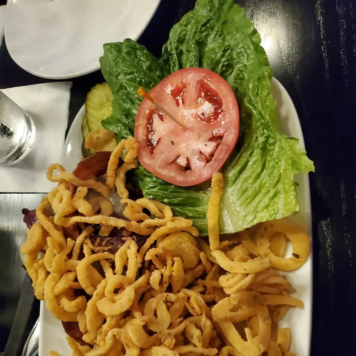 Burger and String Onion Rings