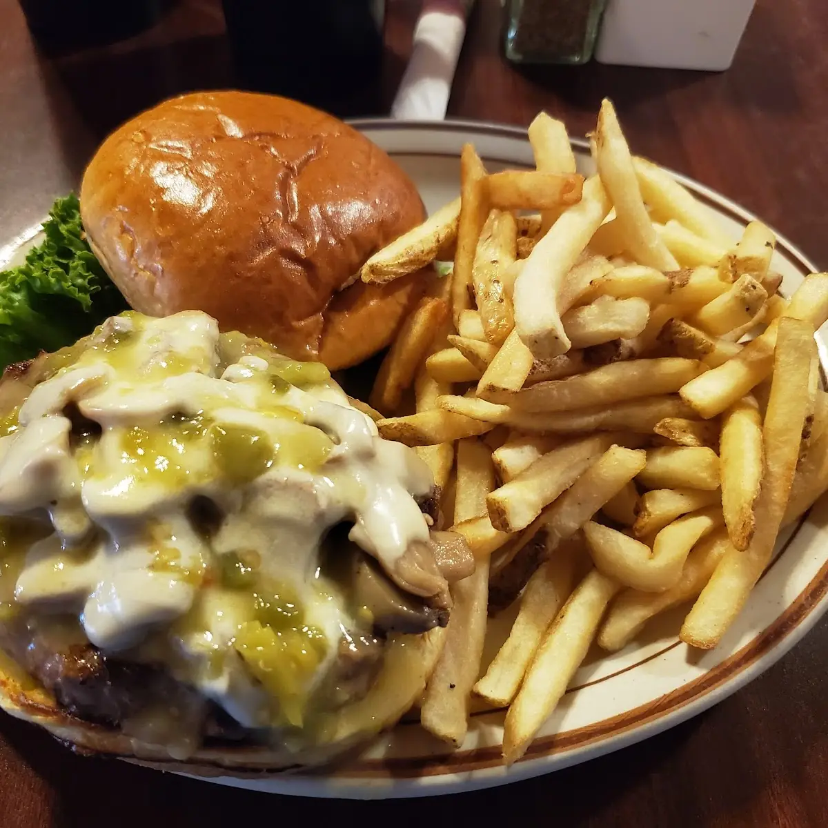 Mushroom Swiss Burger w Green Chili