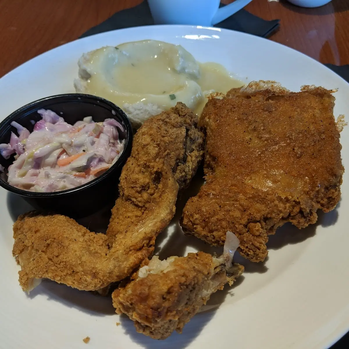Fried Chicken with Mashed Potatoes and Gravy and Cole Slaw