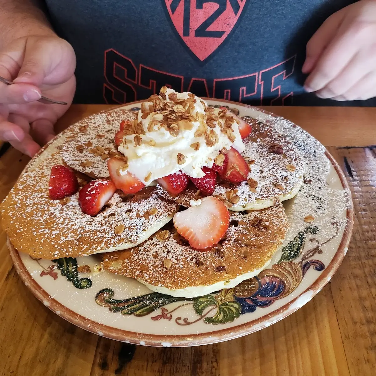 Strawberry Granola Pancakes with Whipped Cream