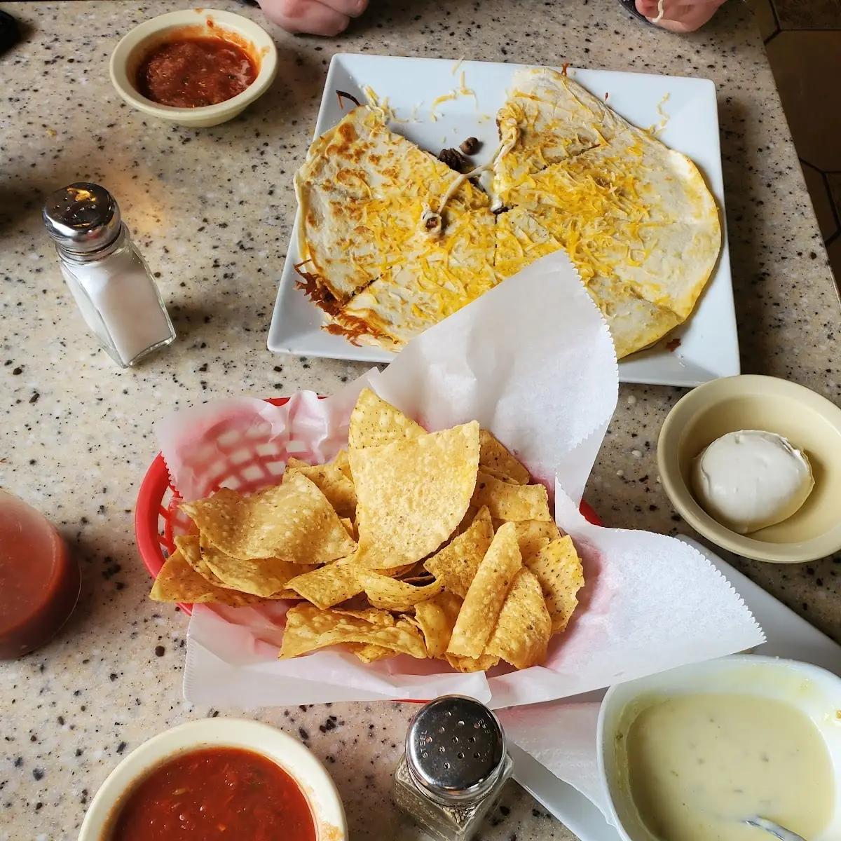 Chips Queso Salsa and Steak Quesadilla