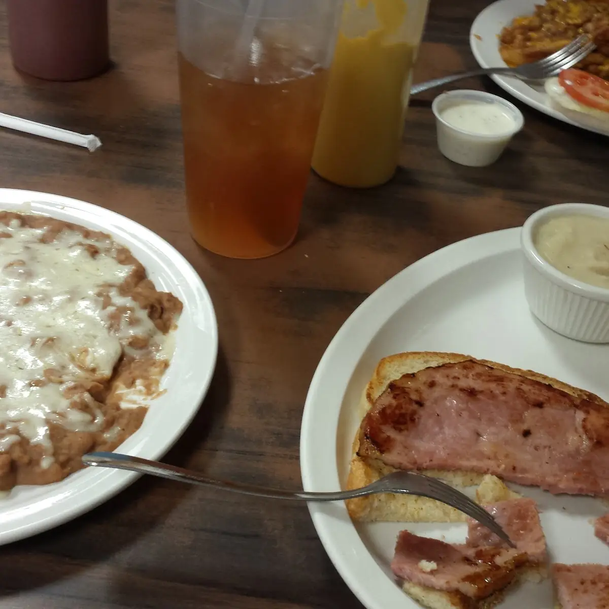 Cheeseburger Refried Beans and Open Faced Ham Sandwich with Mashed Potatoes and White Gravy