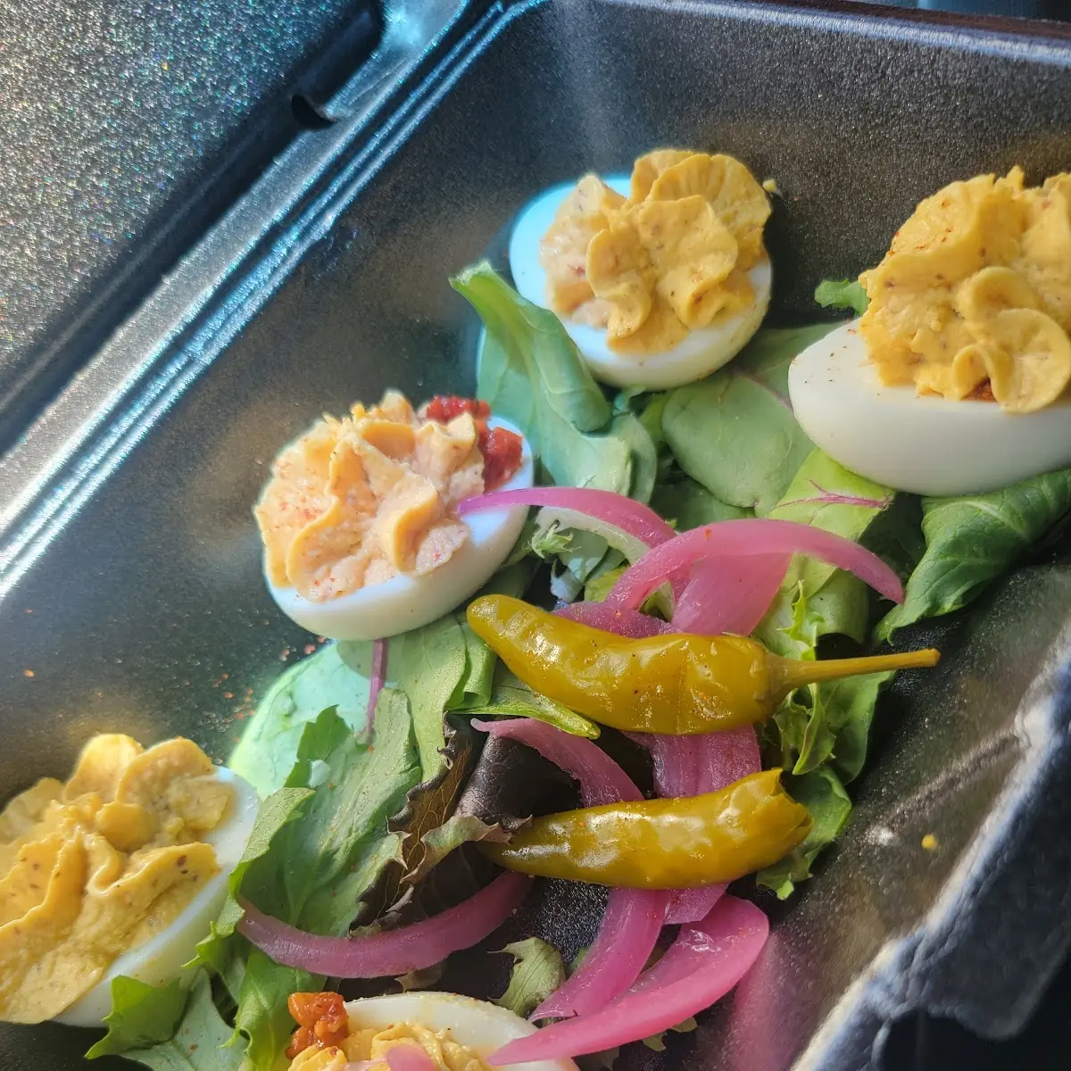 Deviled Eggs Benton’S Bacon Jam Crispy Onion