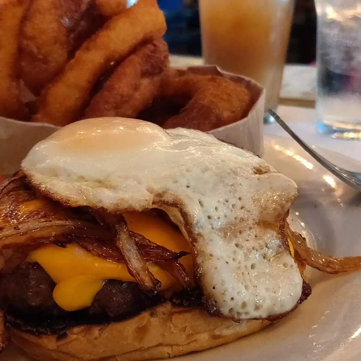 Cheeseburger Grilled Onions and a Fried Egg
