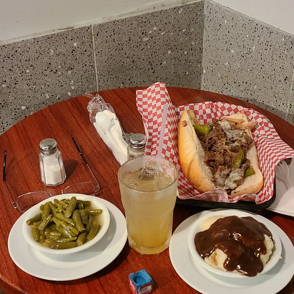 Philly Cheese Steak Sandwich Mashed Potatoes with Gravy and String Beans