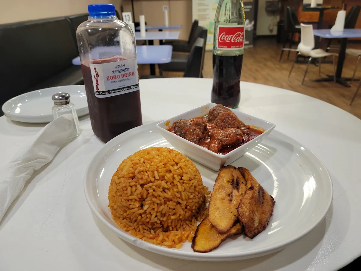 Jollof Rice with Beef and Fried Plantains Zobo Drink