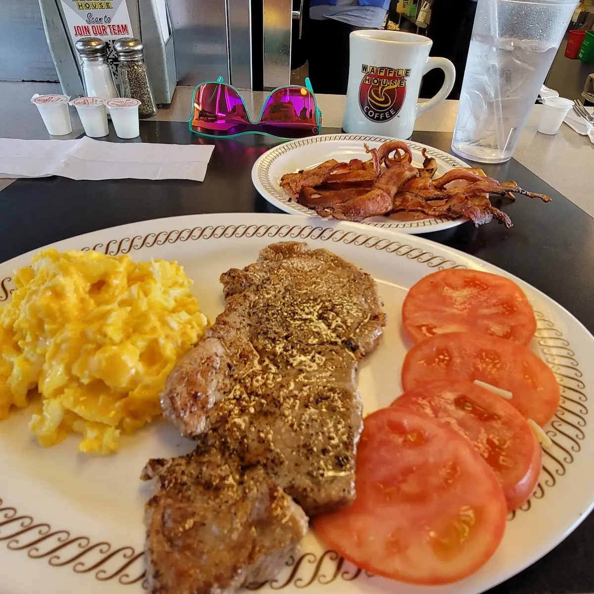 Steak & Eggs with Tomato Slices & Large Bacon