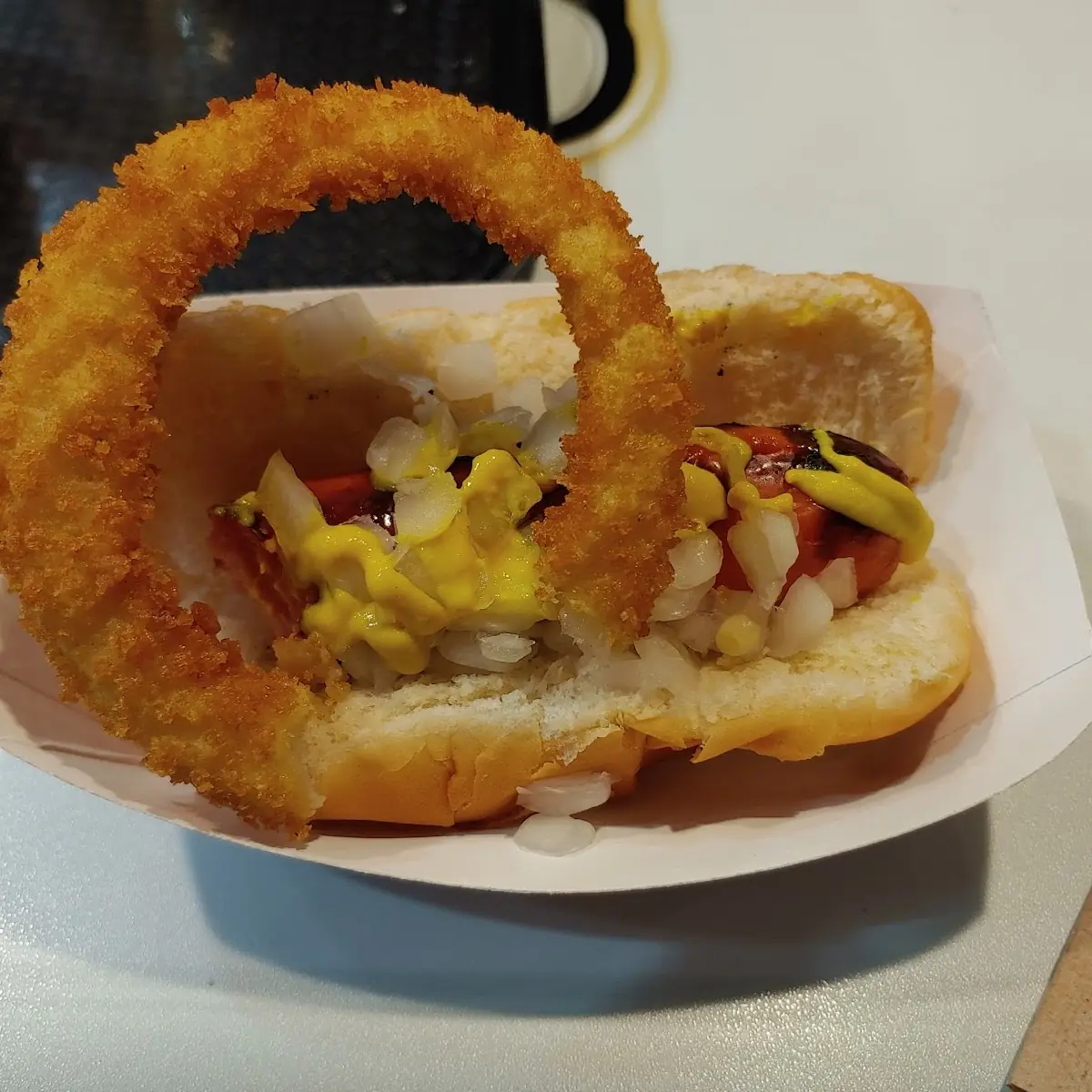 Pop Open Red Hotdog and a Huge Onion Ring