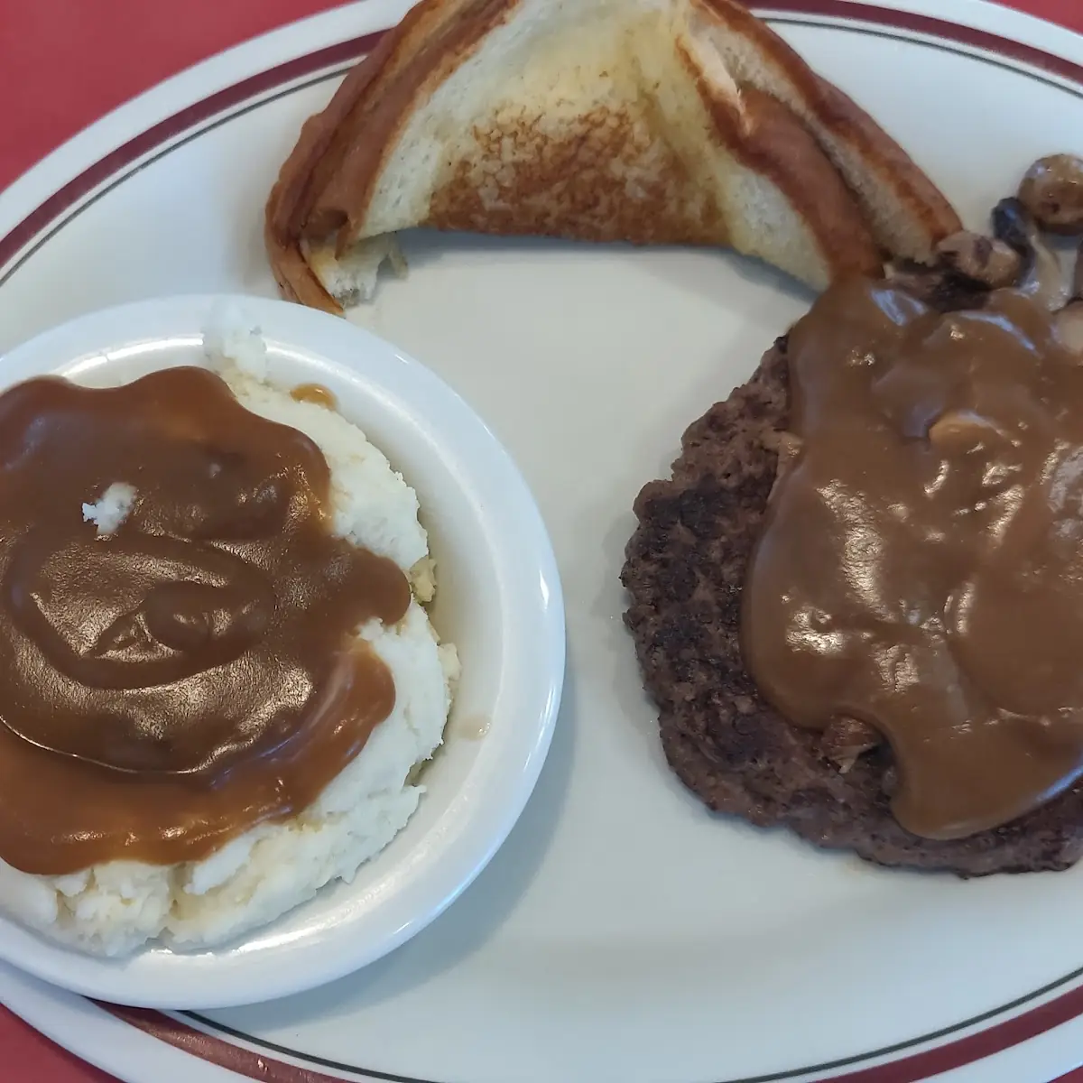 Hamburger Steak Mashed Potatoes and Gravy and Toast