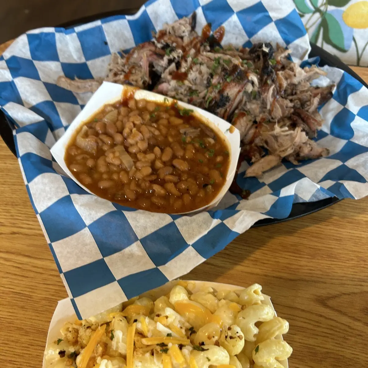 Pulled Pork with a Side of Beans and Mac & Cheese
